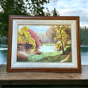 Vintage wood framed signed landscape oil painting