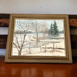 Vintage wood framed winter landscape SIGNED oil painting on board