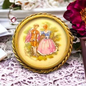 Antique Round Limoges Objects of art painted Cameo Victorian ceramic brooch