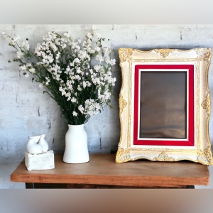 Large heavy Ornate wood frame 1940s red velvet gold white painted