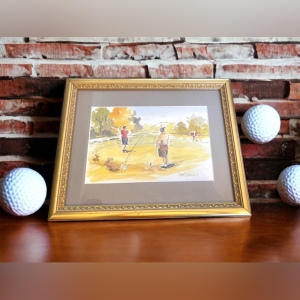 John Walmsley signed Framed watercolor painting on paper GOLFING