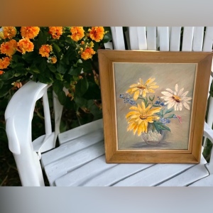 Vintage signed oil painting on board flowers wood frame