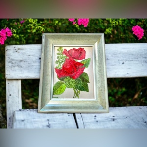 Vintage Beautiful flowers signed oil painting on board roses wood frame