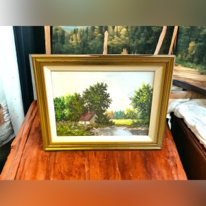 Vintage signed oil painting on canvas wood gold gilt frame cottage lake