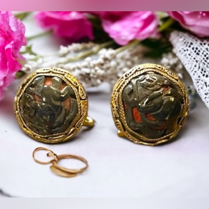 Antique Buddah wrapped in ribbon Chinese export filagree Screw earrings Cinnabar