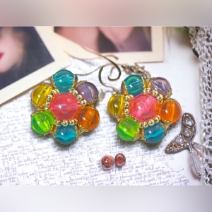 Vintage colorful multi color plastic resin bead chunky 1960s clip on earrings