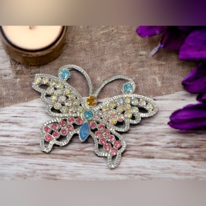 Silver multi color crystal large butterfly brooch