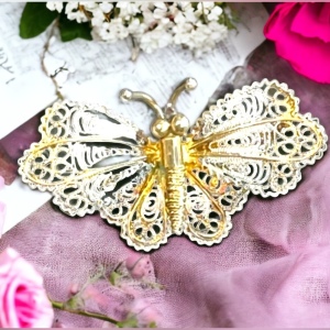 Antique GENOVA ITALIAN 800 SILVER FILIGREE BUTTERFLY BROOCH gold wash