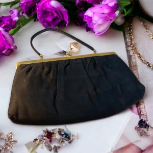 Vintage c1940s Black satin clutch wristlet