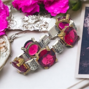 Vintage chunky brass ruby rhinestone crystal bracelet 1940s