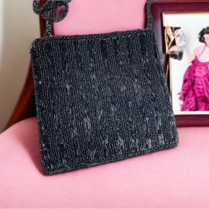 Vintage Black seed bead 1980s square purse evening bag purse