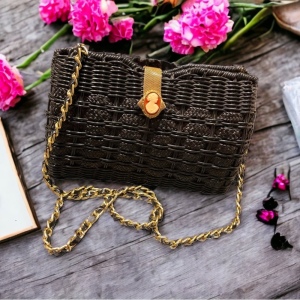 Vintage 1960s Black Basket weave shoulder bag with gold chain Cameo lock clutch