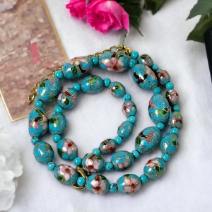 Beautiful blue metal cloissone flower bead necklace