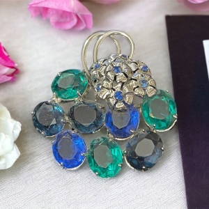 Vintage blue & green fancy crystal bouquet flower brooch