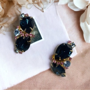 Vintage 1960s Fancy blue & pink crystal clip on earrings gold finish party