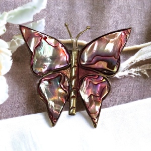 Vintage Alpaca Mexico Purple Abalone silver large butterfly brooch