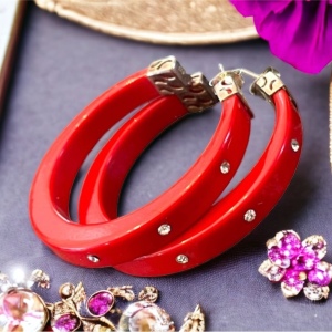 Sterling silver 925 RED nautical plastic CZ hoops