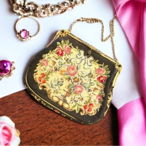 Antique Petite point Flowers Victorian ornate enameled purse blk onyx handmade