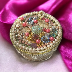 Vintage Bejeweled Trinket box crystals flowers glass dresser vanity