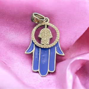 Blue enamel hand of Fatima Hamsa Crystal large sterling silver 925 pendant