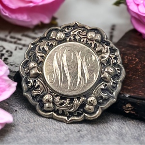 Antique Etched engraved sterling silver? ornate flower brooch