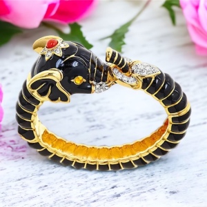 Kenneth Jay Lane KJL gold black crystal enamel elephant animal bracelet bangle