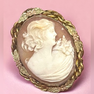 Vintage Mid Century Carved shell Cameo brooch gold wash