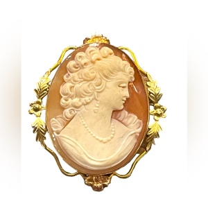 Vintage 1950s 12k gold filled Van Dell Carved shell Cameo brooch pendant design