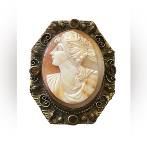 Vintage Art Deco style gold finish brass hand carved ornate filagree Cameo