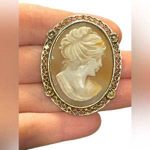 Lovely gold plate shell carved cameo brooch pendant large vintage