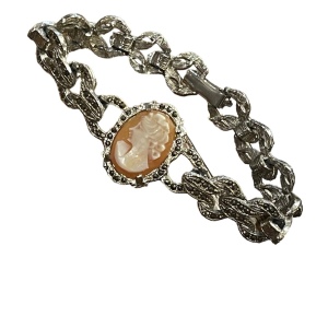 Vintage Silver finish marcasite carved shell cameo fancy bracelet