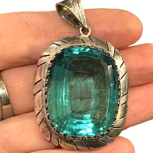 Large Sterling silver blue topaz glass Vintage Mexico 935 Sterling heavy pendant