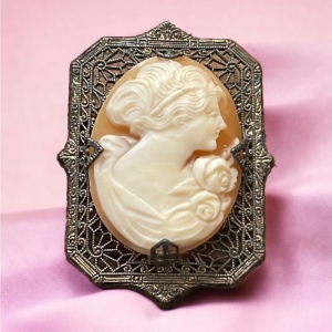 - Antique Ornate filagree sterling silver Hand carved shell cameo brooch pendant