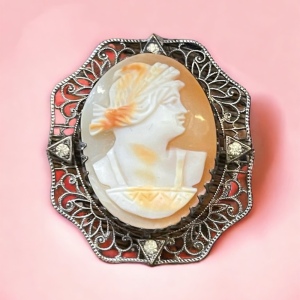 Antique Ornate filagree 800 silver Hand carved shell cameo brooch