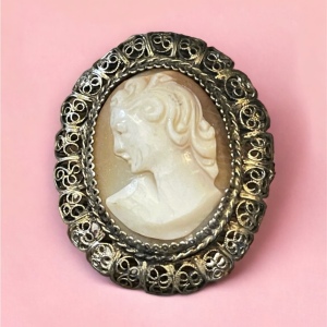 Antique Ornate filagree 800 silver Hand carved shell cameo brooch pendant