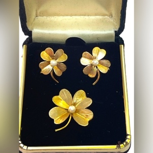 Vintage 1950s 12k GF Gold filled 4 leaf clover earrings & brooch set