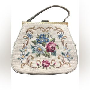 Vintage 1950s Large Needlepoint flowers purse handmade cream color Mid century