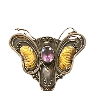 Antique 1920s Art Deco Amethyst Sterling 925 & 14k gold Butterfly brooch