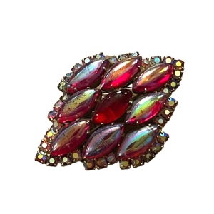 Vintage 1950s Jay Kell Ruby red Ab Crystal fancy brooch