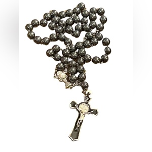 Silver Hematite enameled Catholic rosary necklace