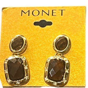 Vintage MONET Brown crystal glass “social” dangle pierced earrings gold finish