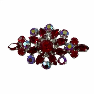 Vintage Ruby Red crystal brooch 2”x1” Silver finish 1950s