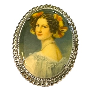 Vintage resin silver finish transfer Cameo oval brooch