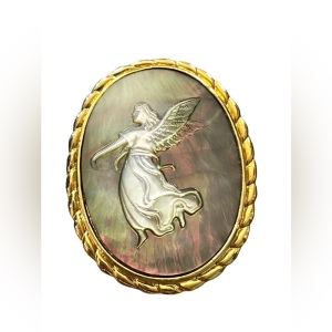 Vintage gold finish Angel Abalone carved Cameo pendant brooch