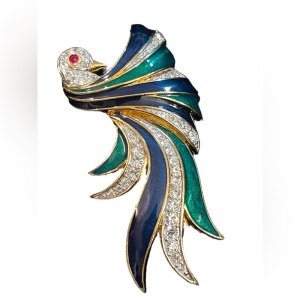 Vintage D’Orlan Bird Of Paradise 3” Enameled crystal brooch