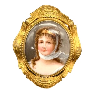 Antique Hand painted etched fancy framed Lady girl cameo Victorian brooch