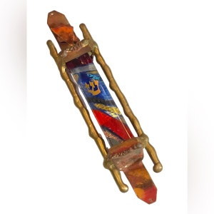 GARY ROSENTHAL JUDAICA FUSED ART GLASS & METAL MEZUZAH with SCROLL 7” Jewish