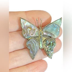 Vintage Mexico Alpaca large butterfly brooch abalone inlay