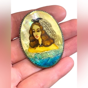 Antique Handpainted pearl shell Victorian girl brooch Silver cameo brooch