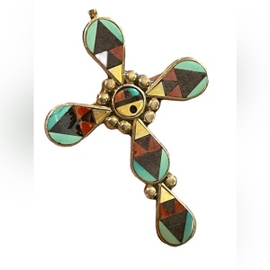 1980s Zuni signed mosaic inlay cross pendant by Zeno and Mary Ann Edaakie